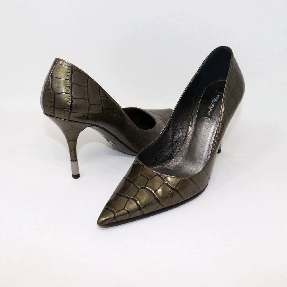 Dolce & Gabbana 37.5  Point Toe Heels Patent Calf Skin Leather Croc Embossed